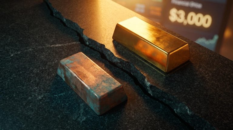 Gold bar rising and copper ingot falling on split granite surface, visualising risk-on risk-off capital rotation
