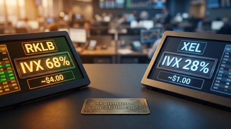 RKLB vs XEL IVX contrast on trading terminals showing fourfold premium difference in implied volatility premium selling