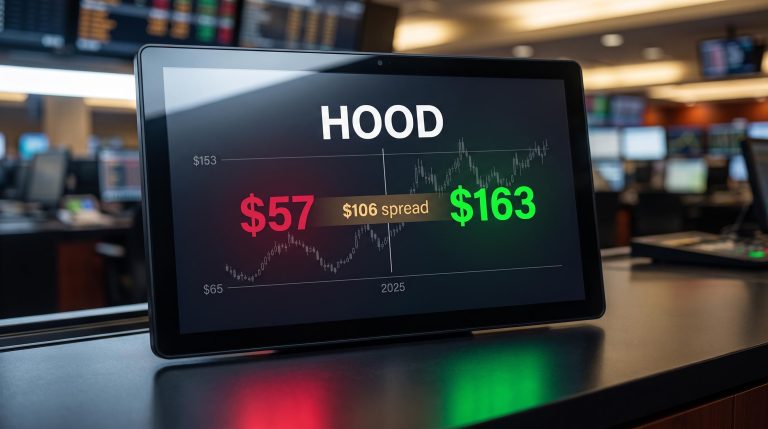 Robinhood stock analysis: HOOD terminal showing $57 bear and $163 bull analyst targets with $106 spread