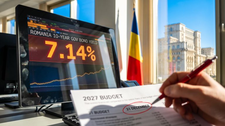 Terminal showing Romania government bonds 10-year yield 7.14% beside a 2027 budget document with Bucharest parliament behind