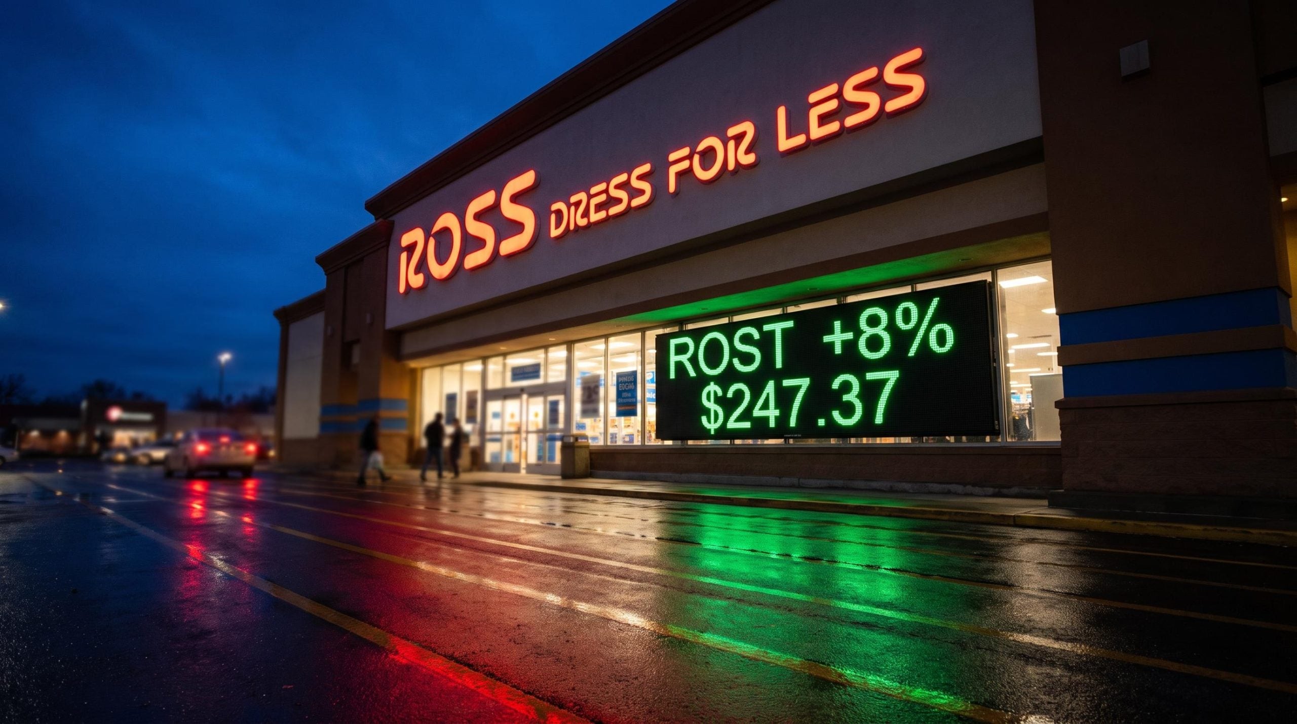 Ross Stores storefront at night with ROST +8% trading display as shares surge after Q2 earnings beat
