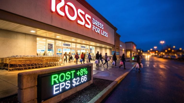 Ross Stores exterior at night with ROST +8% ticker as shares surge on $2.66 EPS beat