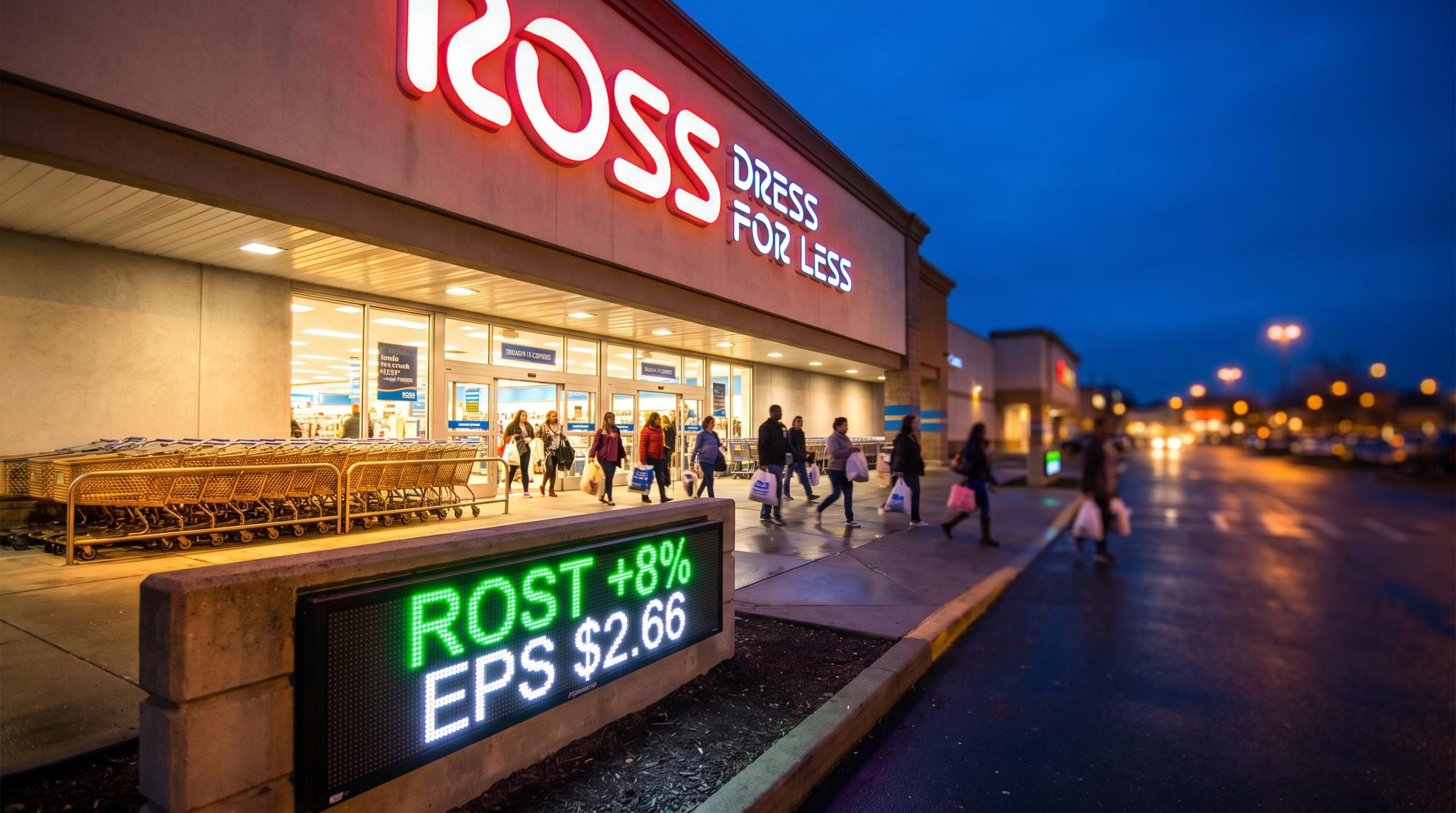 Ross Stores exterior at night with ROST +8% ticker as shares surge on $2.66 EPS beat