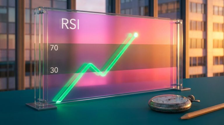 RSI indicator line climbing through the 70 level on a glowing glass chart panel at sunset, showing momentum beyond overbought