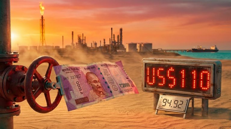 Rupee note rippling in desert wind before oil facility, Brent US$110 board shows rupee slipping as oil prices rise