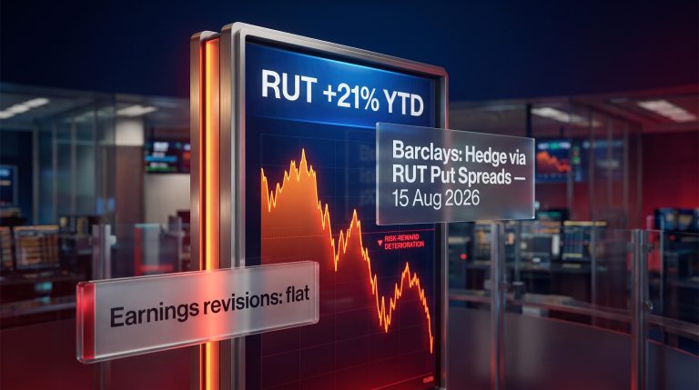 Russell 2000 trading terminal showing 21% YTD gain with red downward chart as Barclays flags hedge signal