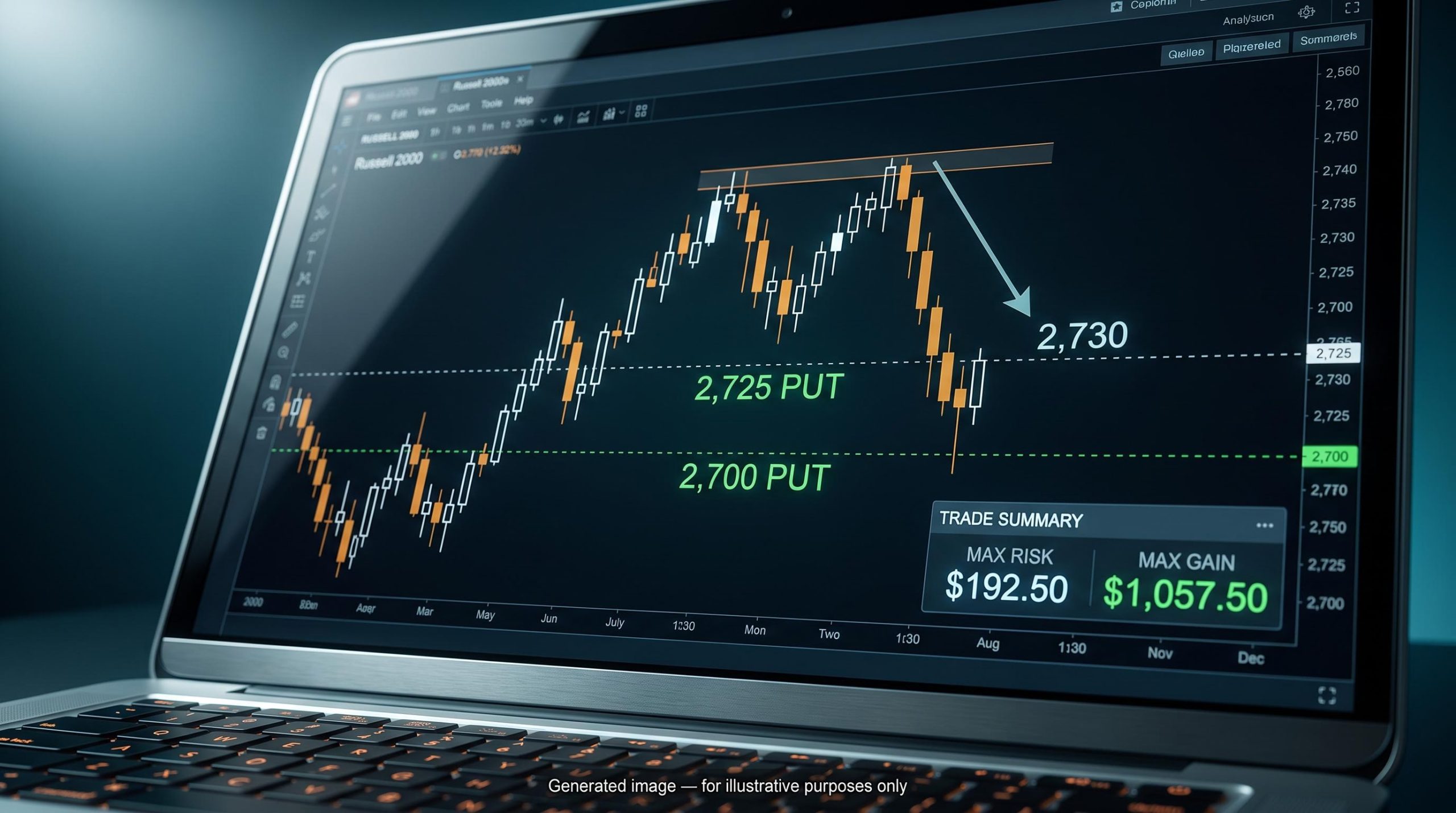 Russell 2000 futures terminal showing double top chart pattern with 2,725/2,700 put spread strikes and $192.50 max risk overlay