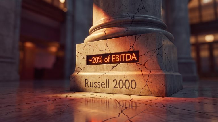 Cracked architectural column etched with Russell 2000 label showing ~20% of EBITDA debt burden under amber stress lighting