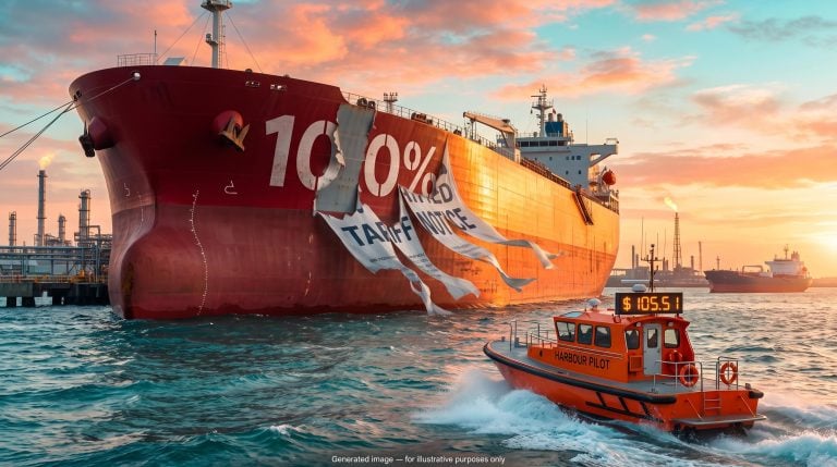 Oil tanker with a peeling 100% tariff marking as Russia sanctions waiver leaves Brent near $105.51