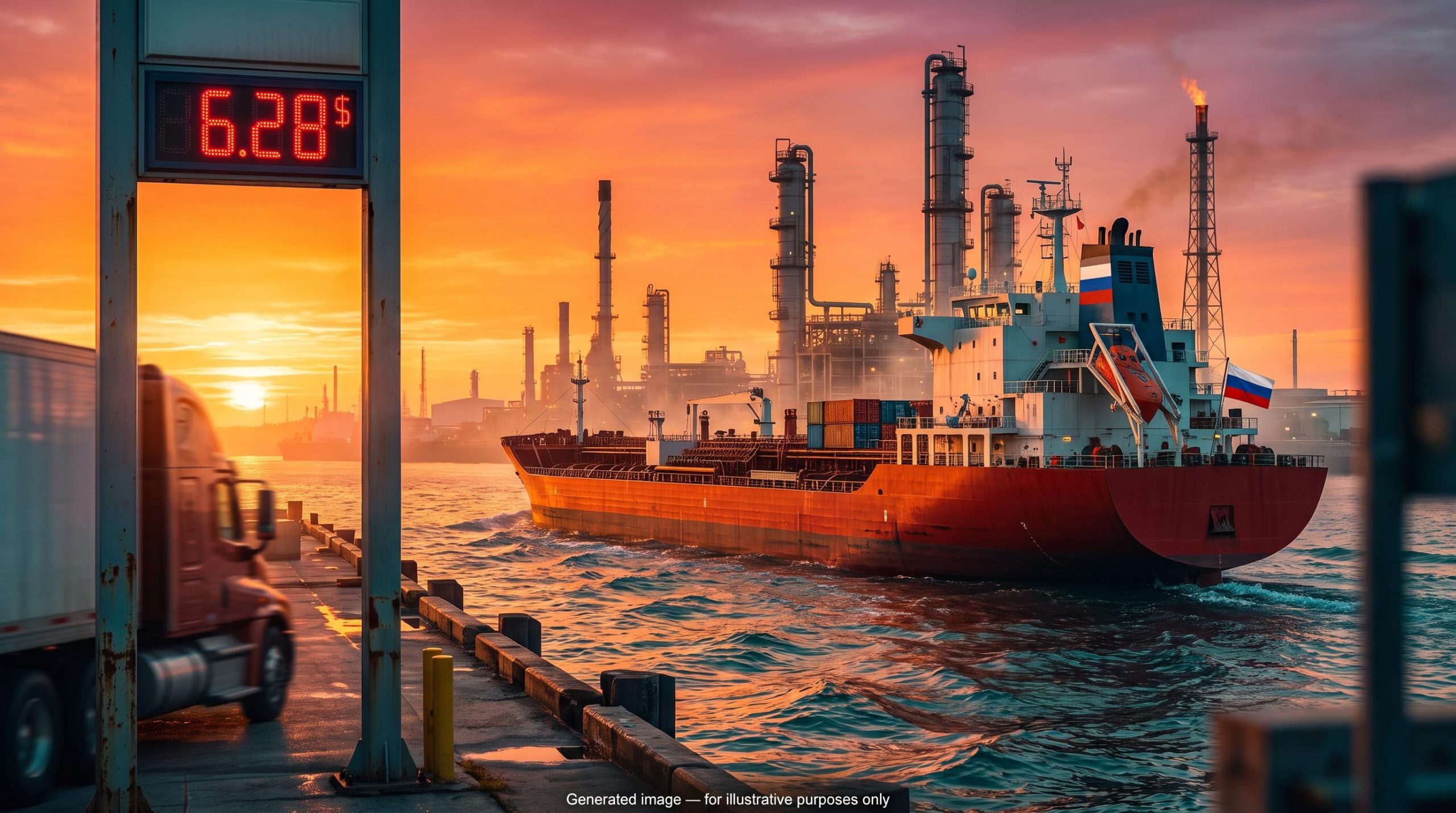 Tanker carrying Russian diesel shipments nears a US refinery terminal beside a $6.28 diesel price sign at sunrise