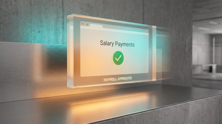 Sage Salary Payments glass panel glowing in a concrete workspace, showing unified payroll-to-payment workflow in one step