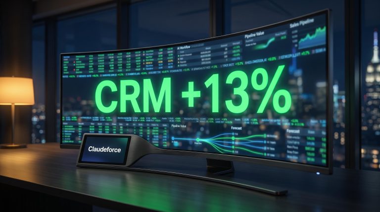 Salesforce AI Claudeforce launch night trading terminal showing CRM +13% surge on 26 August 2026