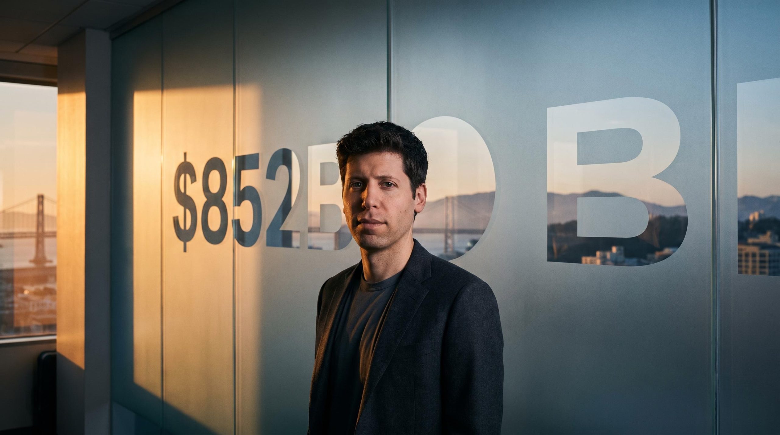 Sam Altman before frosted-glass atrium with $852B engraving as OpenAI rules out 2026 IPO