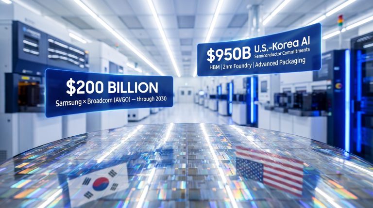 Samsung wafer with $200 billion Broadcom AVGO chip deal panel and $950B U.S.-Korea semiconductor commitment overlay