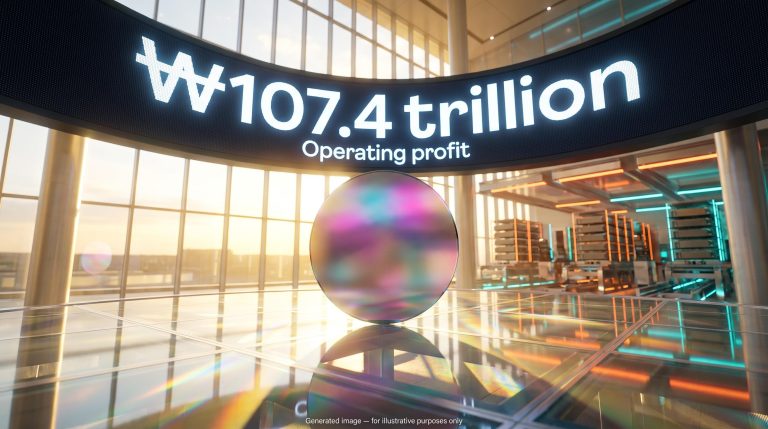 Glowing memory wafer before a display showing ₩107.4 trillion, marking the Samsung Q3 2026 profit record