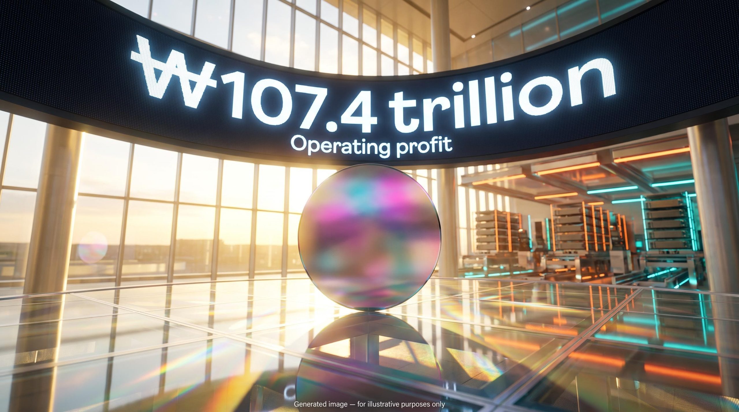 Glowing memory wafer before a display showing ₩107.4 trillion, marking the Samsung Q3 2026 profit record
