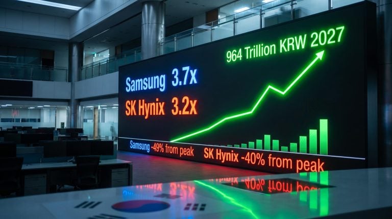 Samsung and SK Hynix trading screens showing 3.7x and 3.2x forward P/E against surging 2027 profit forecasts