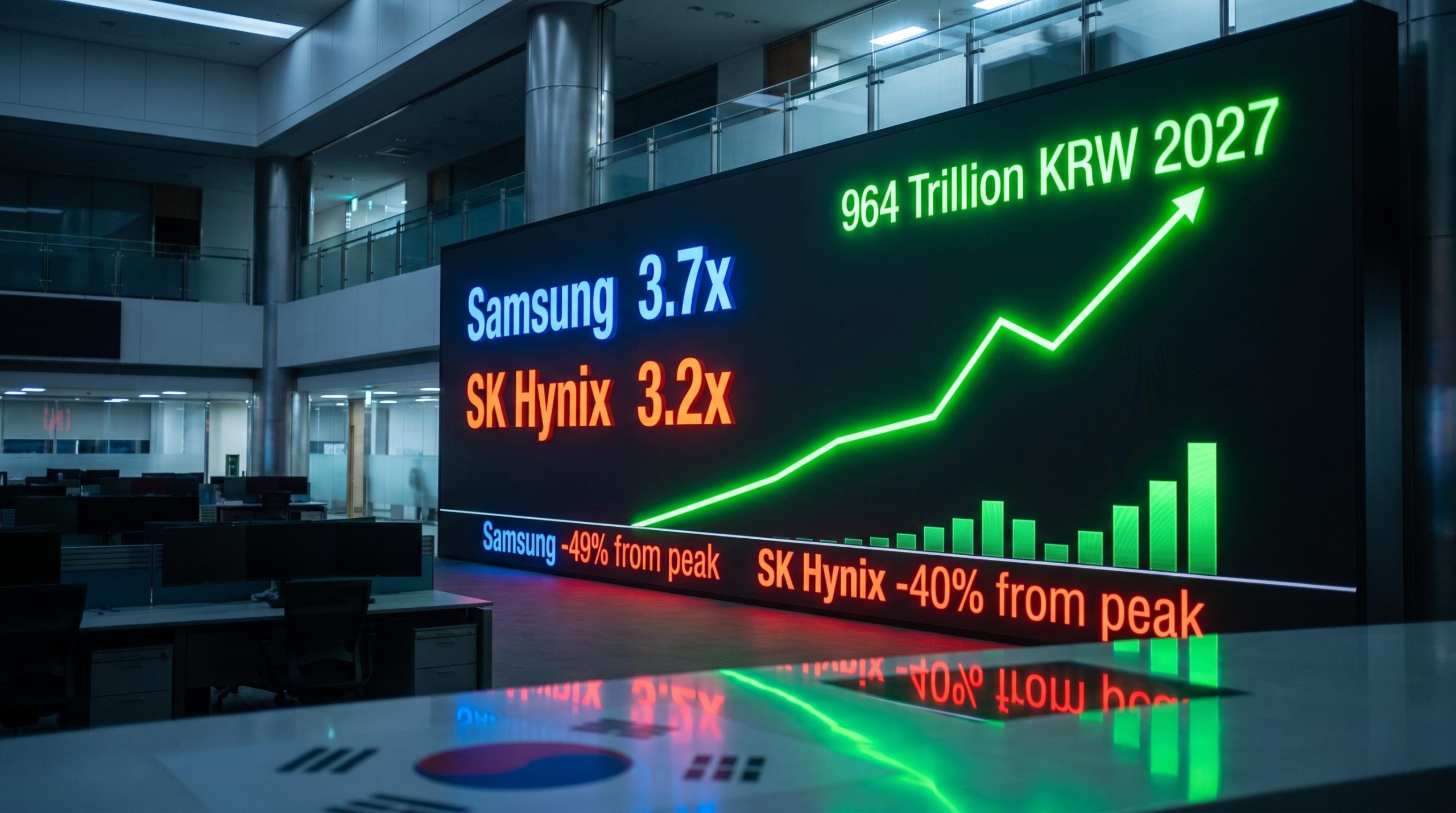 Samsung and SK Hynix trading screens showing 3.7x and 3.2x forward P/E against surging 2027 profit forecasts