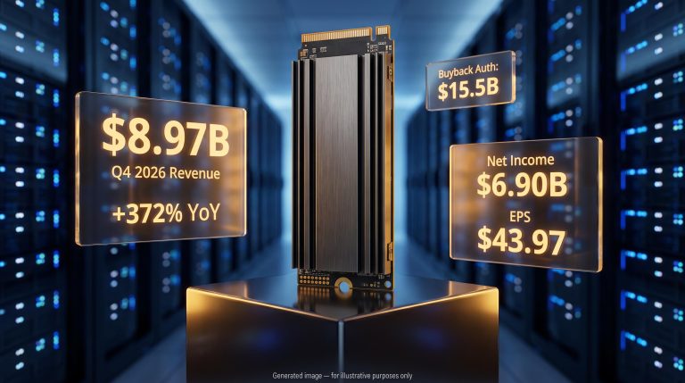 Sandisk enterprise SSD with Q4 2026 earnings panels: $8.97B revenue, $6.90B net income, $15.5B buyback