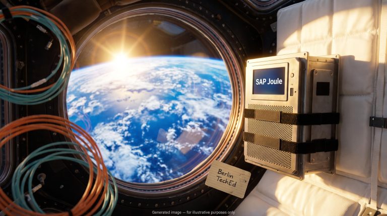 SAP Joule AI agents concept: computer unit aboard the ISS with Earth at sunrise, as SAP plans space deployment