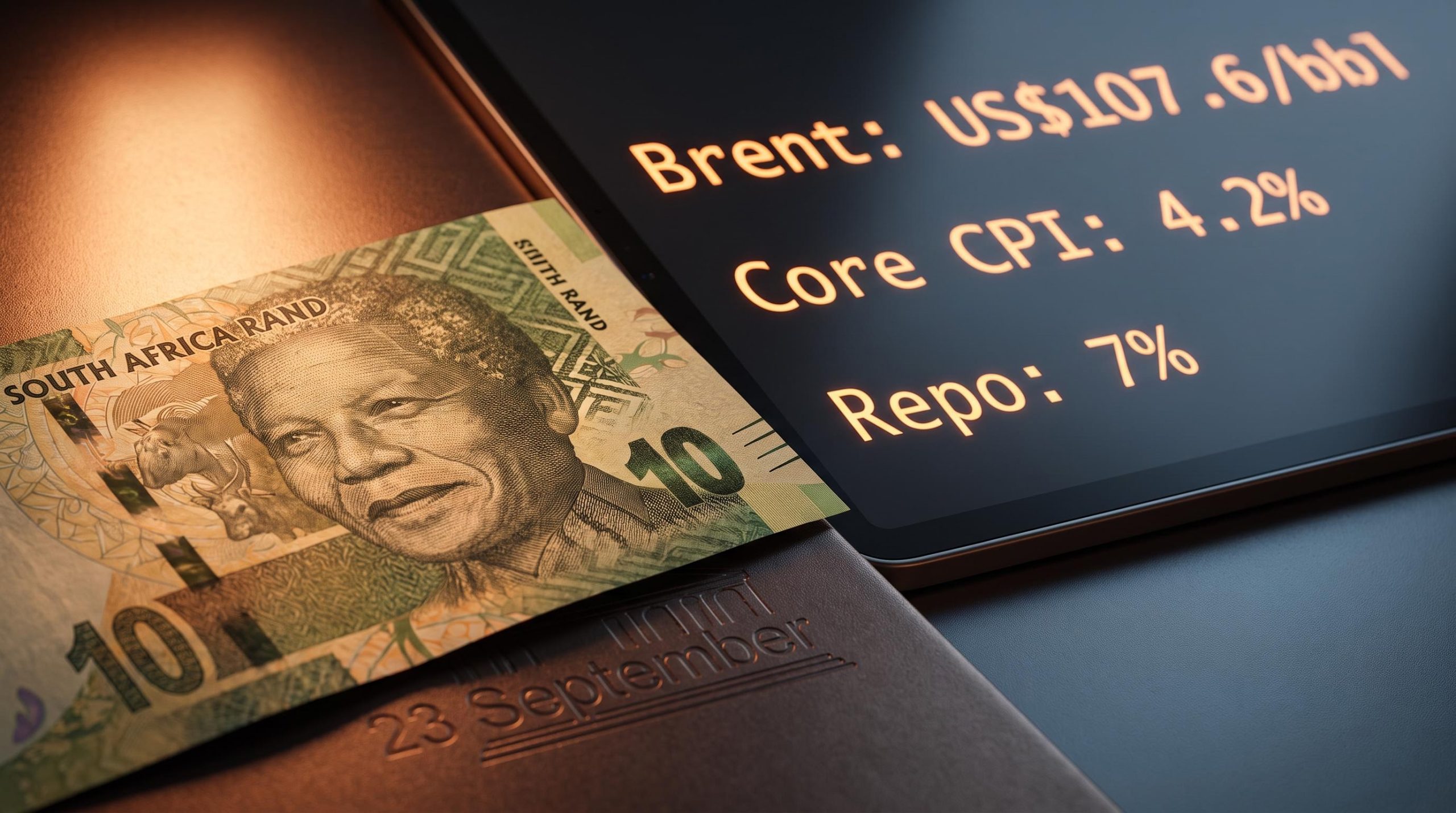 South African rand note under directional light with Brent crude and core CPI data — SARB interest rate outlook