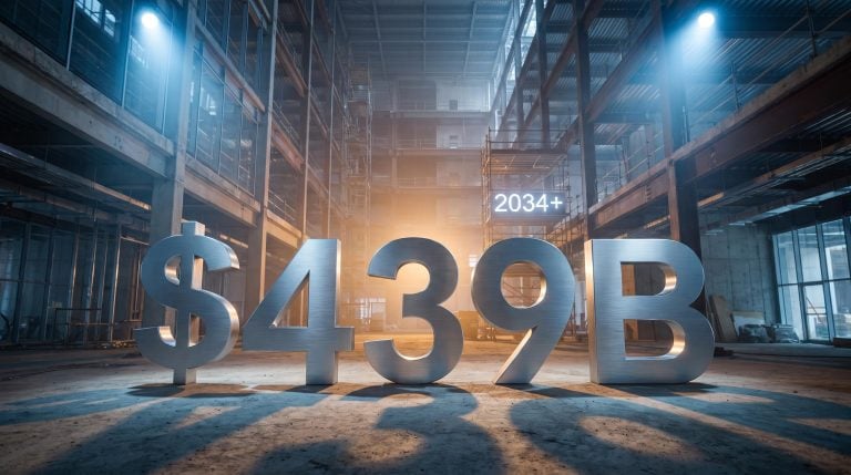 SB Energy IPO investment: $439B backlog numerals in unfinished data-centre atrium, 2034+ visible in background