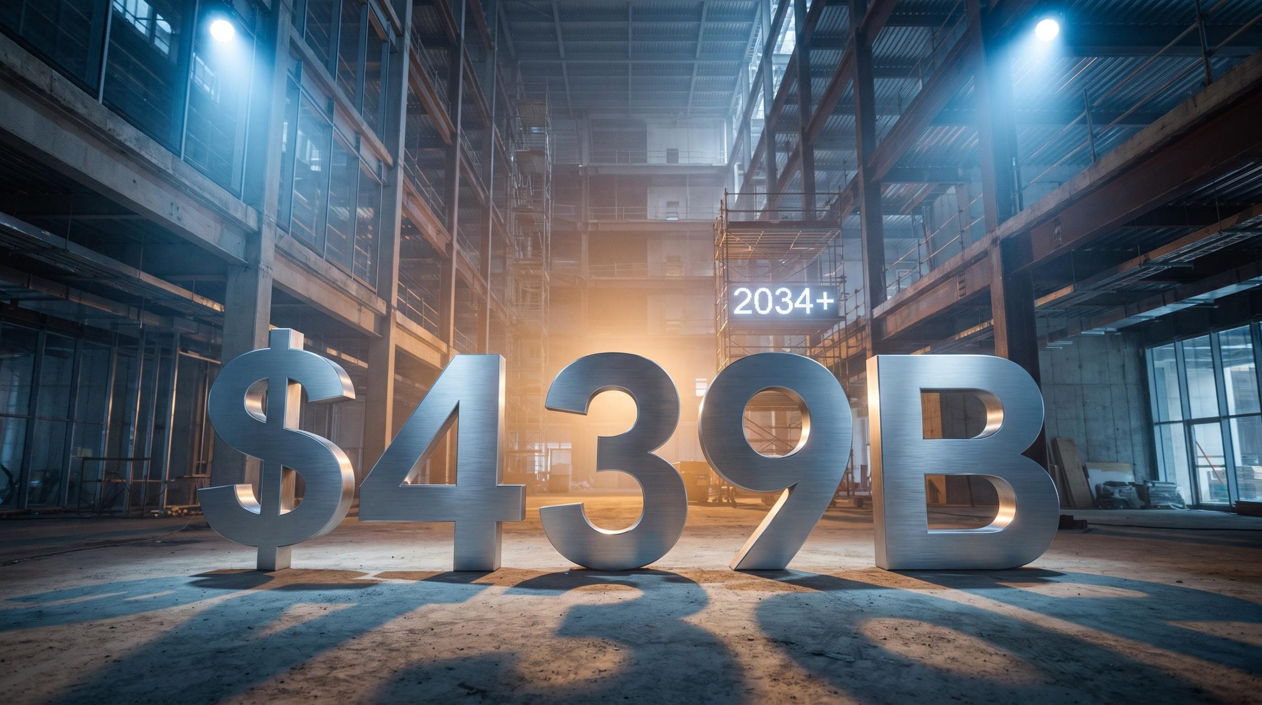 SB Energy IPO investment: $439B backlog numerals in unfinished data-centre atrium, 2034+ visible in background