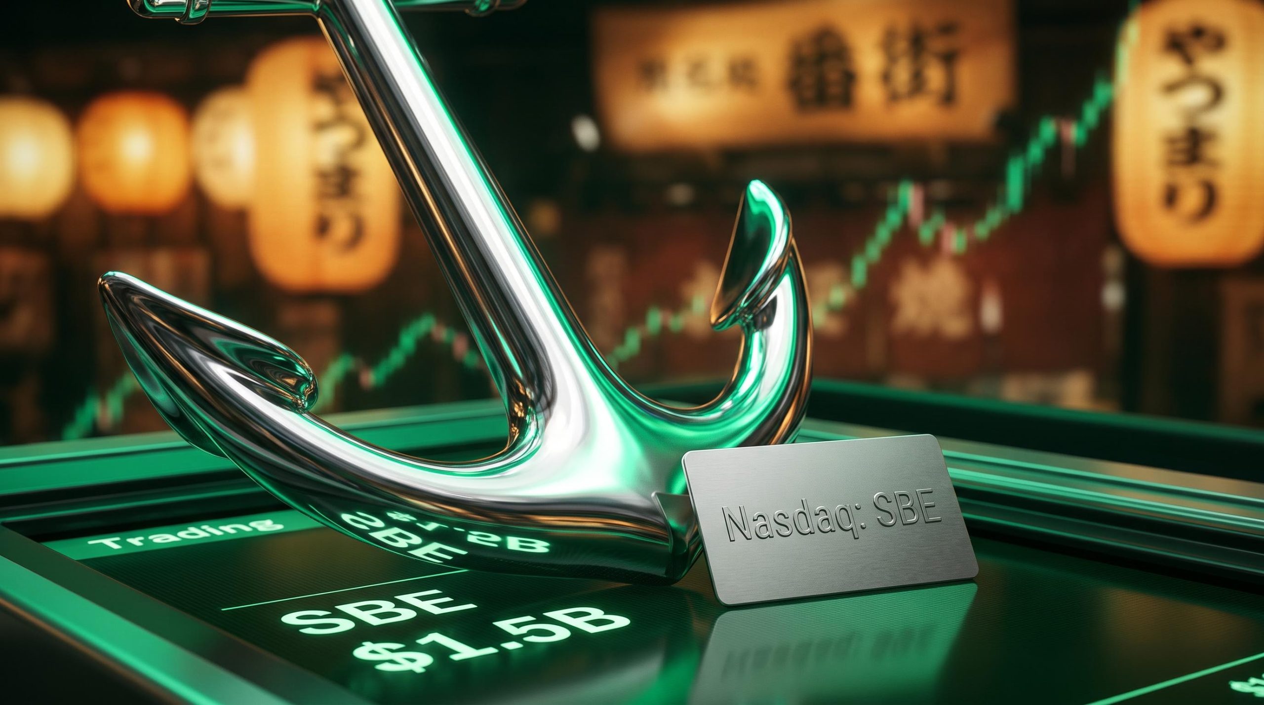 Chrome anchor on glowing Nasdaq terminal with SBE ticker — SB Energy IPO structure anchored by Nvidia's $1.5B cornerstone