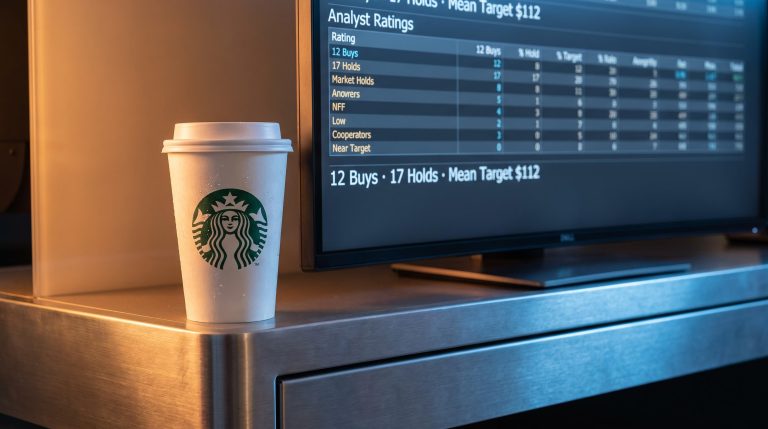 Starbucks cup against trading terminal showing analyst mean target $112 amid SBUX investment analysis scrutiny