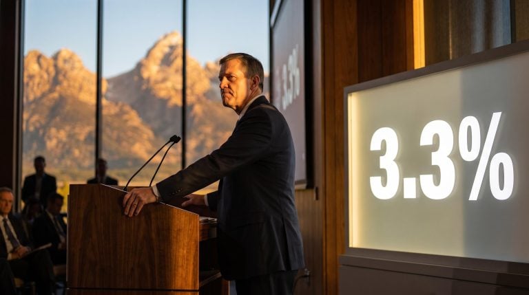 Jeffrey Schmid at Jackson Hole podium warning against Fed rate cuts, core inflation at 3.3% above 2% target