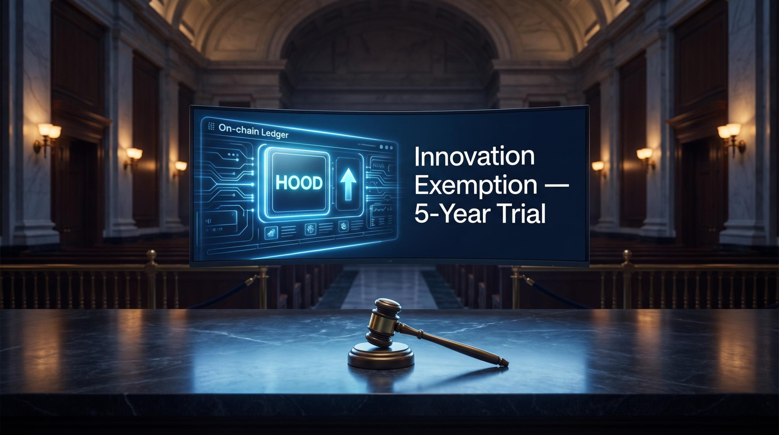 SEC Innovation Exemption terminal displaying tokenized stock ruling with gavel in federal chamber setting