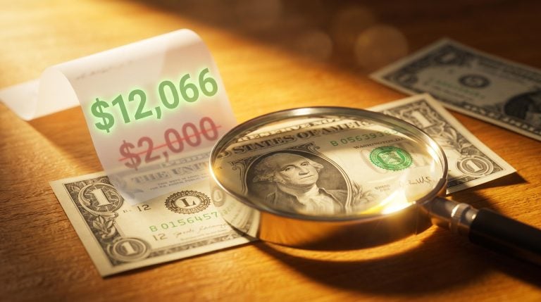 Magnifying glass over a dollar bill revealing the corrected second income calculation: $12,066 vs the viral $2,000