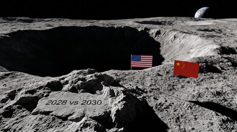 US and Chinese flags planted on lunar south pole ridgeline beside a shadowed crater, second space race showdown