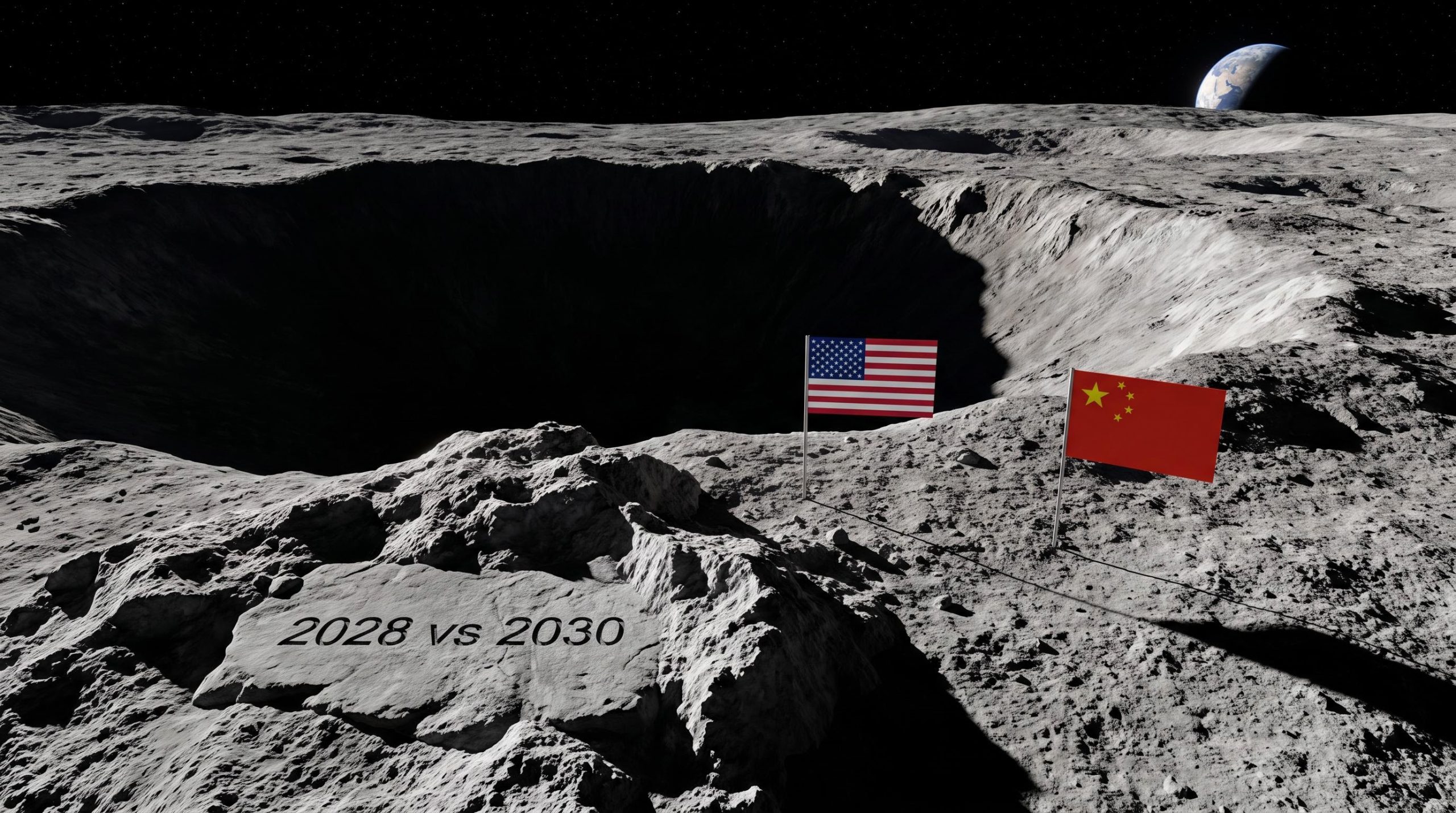 US and Chinese flags planted on lunar south pole ridgeline beside a shadowed crater, second space race showdown