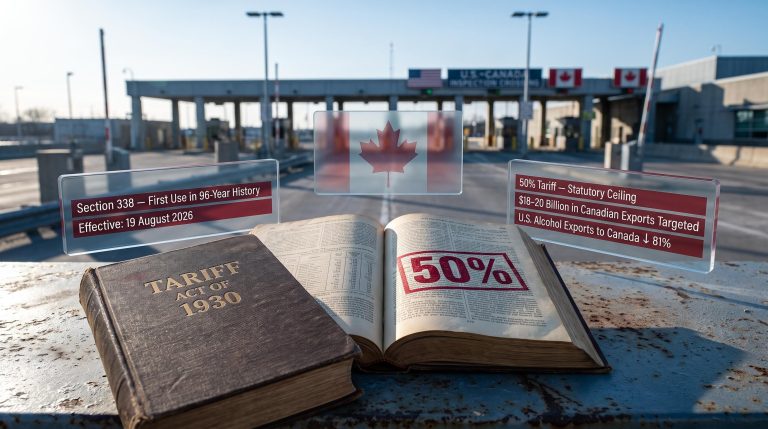 Worn 1930 tariff statute stamped 50% at U.S.-Canada border crossing, Section 338 data panels overlay