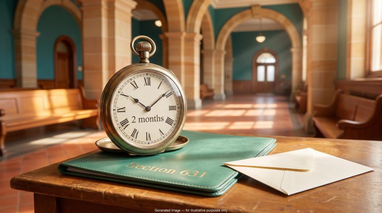 Frozen pocket watch and unopened envelope in a courthouse, illustrating the section 631 takeover bid two-month rule