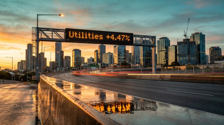 Toll road gantry sign showing Utilities +4.47% at sunset, illustrating sector rotation ASX toward defensive stocks