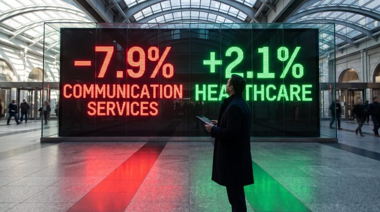 Split ticker board showing communication services down 7.9% and healthcare up 2.1% in a sector rotation healthcare analysis