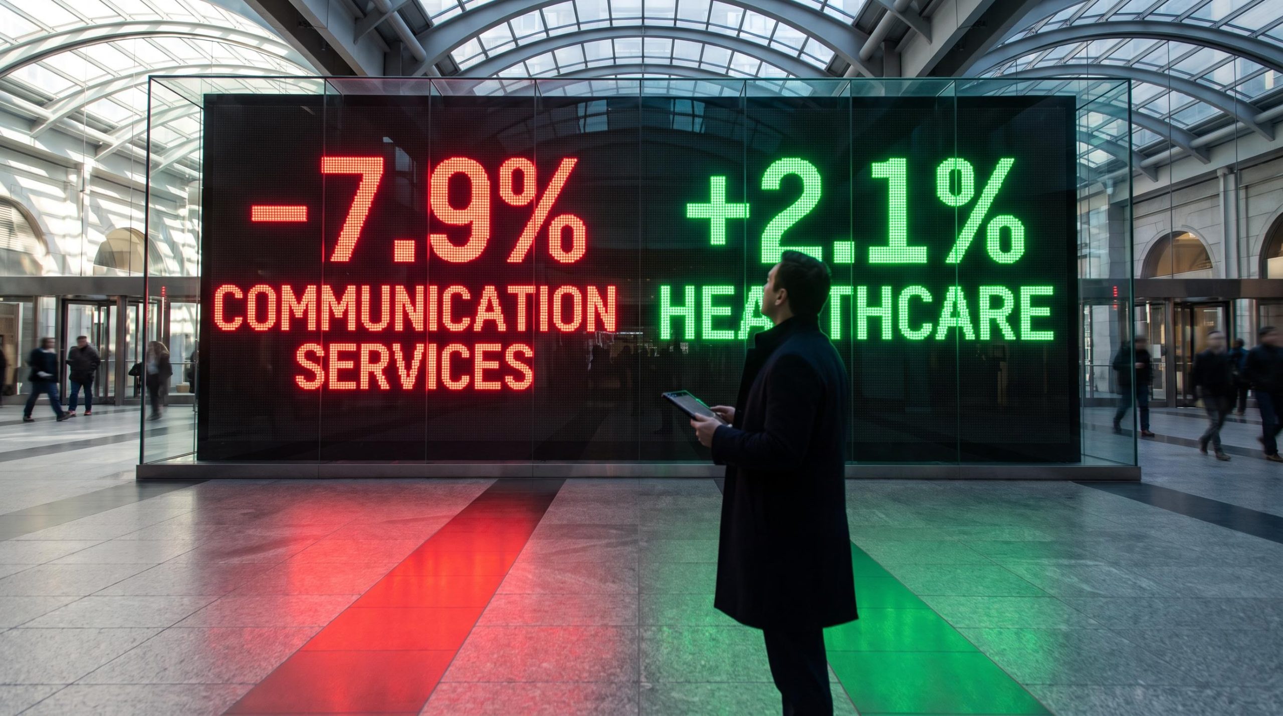 Split ticker board showing communication services down 7.9% and healthcare up 2.1% in a sector rotation healthcare analysis