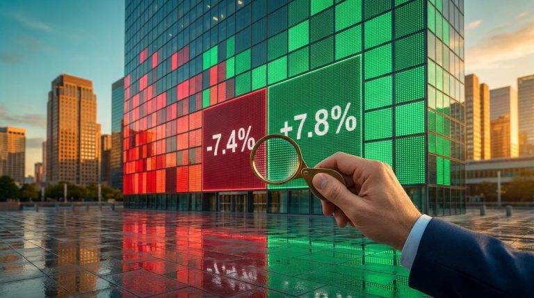 Outdoor LED sector heat map with red and green tiles and a loupe, illustrating sector rotation from tech to defensives