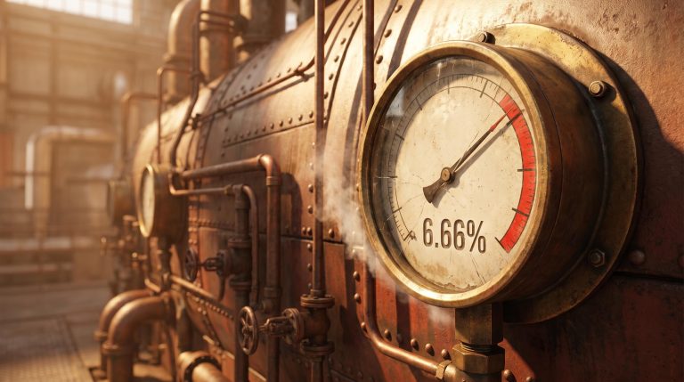 Industrial pressure gauge deep in the red at 6.66% — visualising sectors exposed to elevated rates reaching peak stress