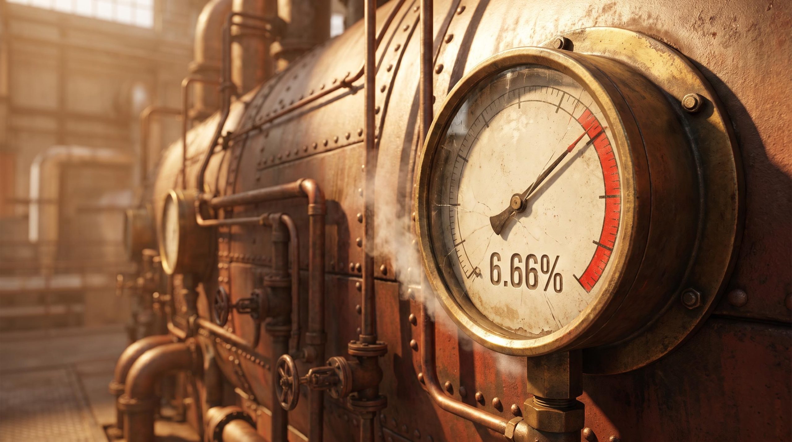 Industrial pressure gauge deep in the red at 6.66% — visualising sectors exposed to elevated rates reaching peak stress
