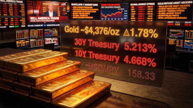 Gold bars at $4,376/oz with 30Y Treasury 5.213% and 10Y 4.668% overlays signal Barclays' Sell America trade