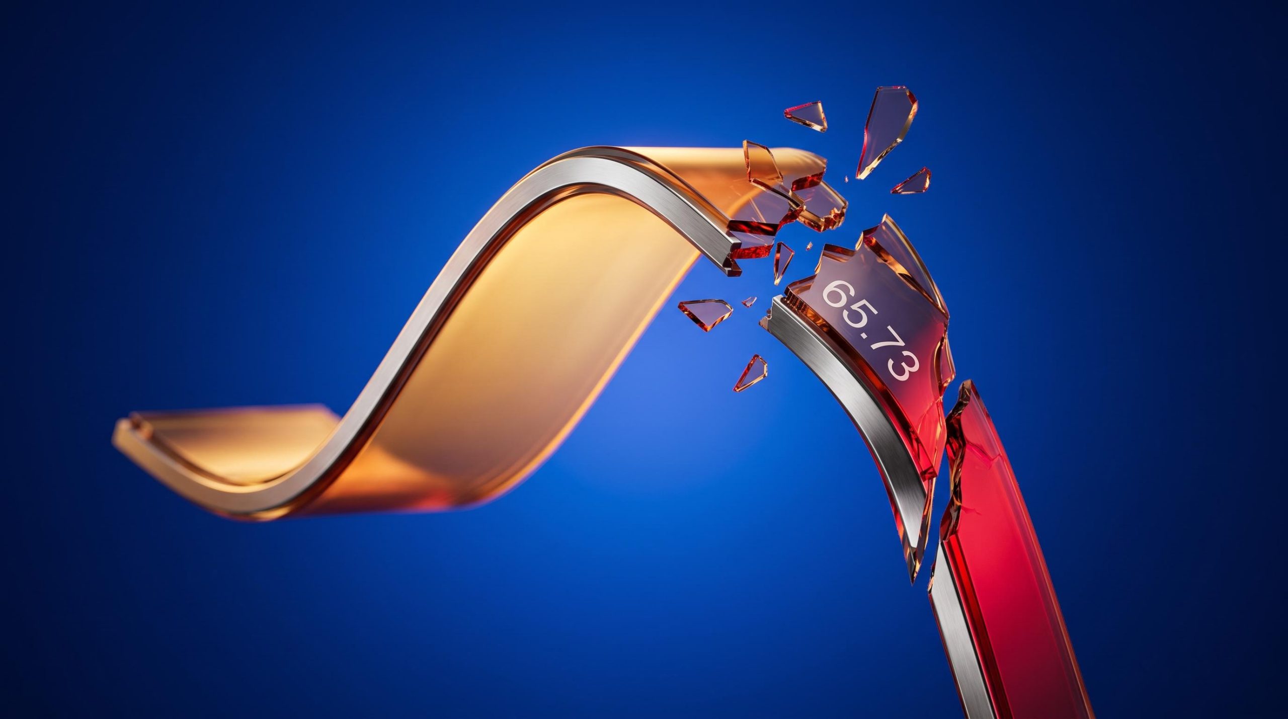 Sculpted glass equity curve shattering at a vertical drop, with VIX spike figure 65.73 etched into the fractured edge