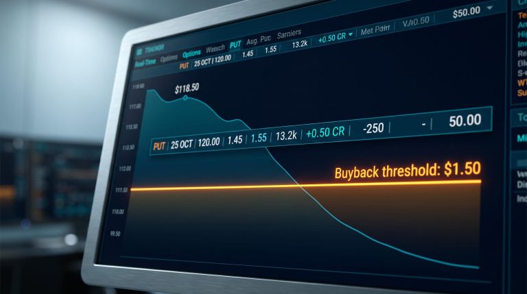 Short put options exit rule visualised as a glowing $1.50 buyback threshold line on a trading terminal screen