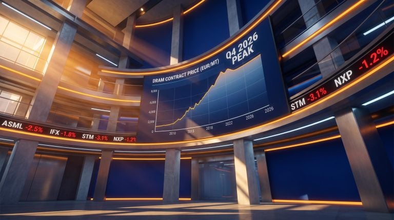 European chip stock market screens show DRAM price plateau signalling Q4 2026 semiconductor cycle peak amid falling multiples