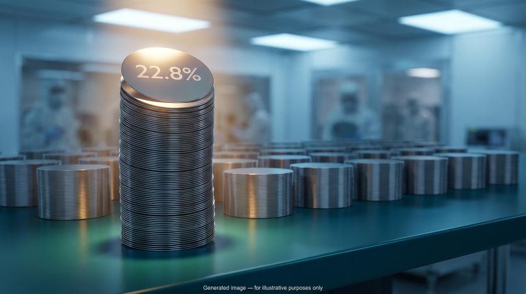 Towering silicon wafer stack labelled 22.8% beside equal-weight stacks — semiconductor ETF comparison of concentration risk