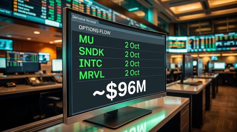 Trading terminal showing $96M semiconductor options basket across MU, SNDK, INTC, MRVL all expiring 2 Oct