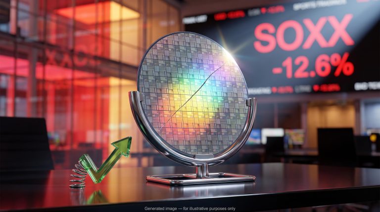 Cracked semiconductor wafer before a red SOXX ticker showing -12.6% as semiconductor stocks bounce is expected to fade