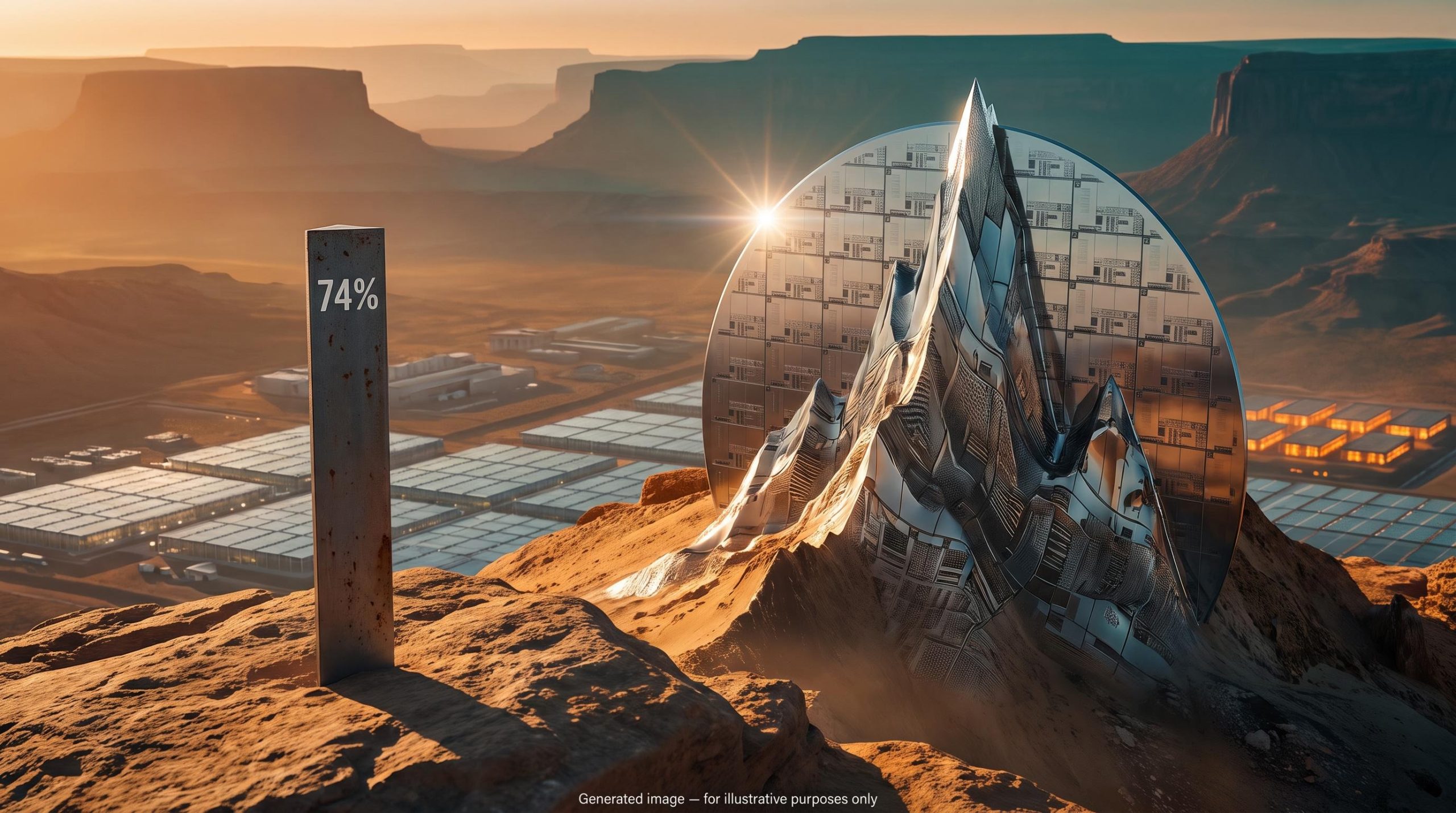 Giant silicon wafer on a ridge marked 74% symbolising the semiconductor stocks cycle peak debate